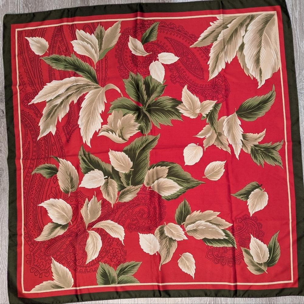 Vibrant Red with Cream and Green Leaf Silky Scarf scarf 30" #187